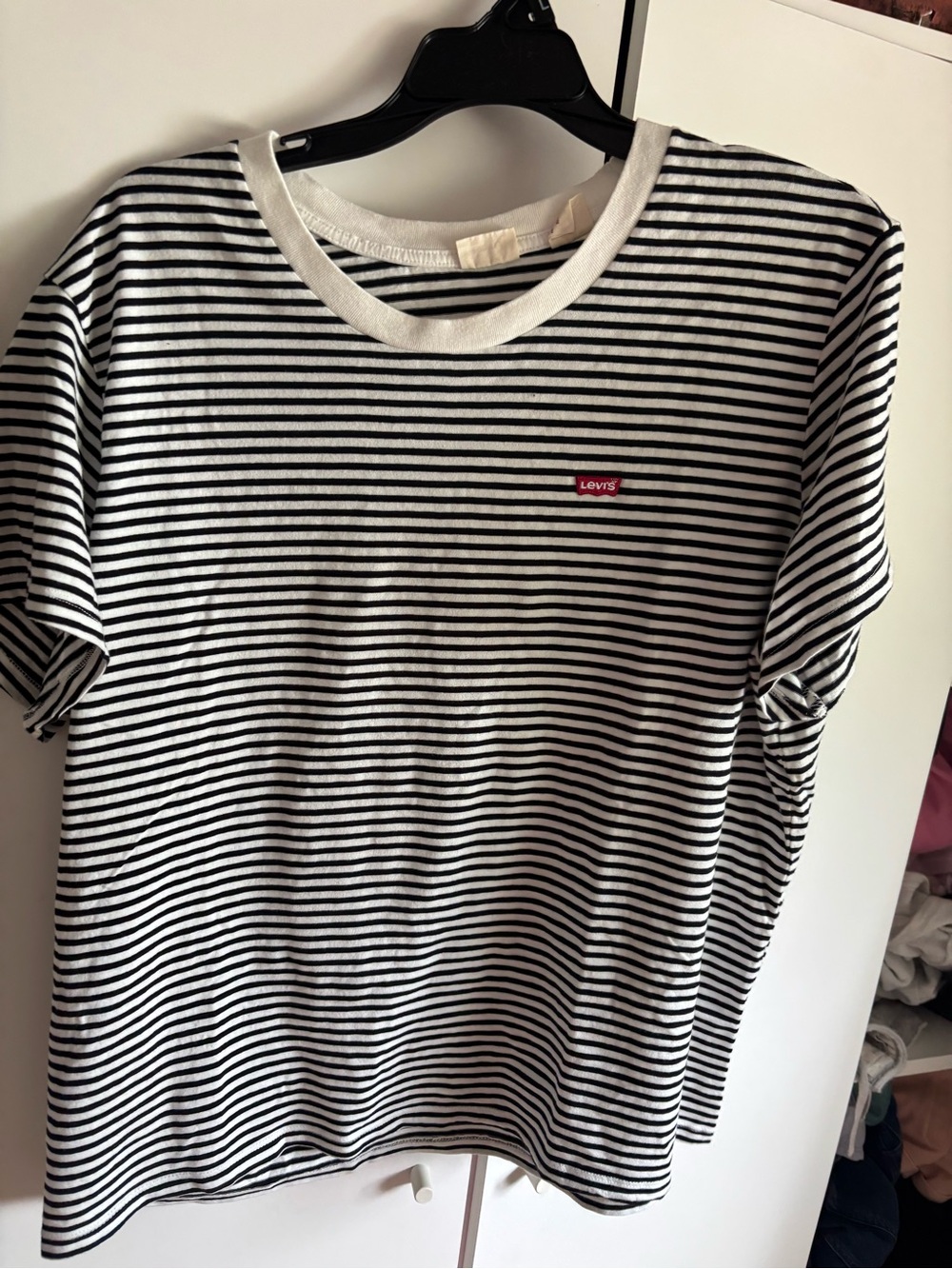 Levi's Black & White Striped Crewneck Tee with Red Logo